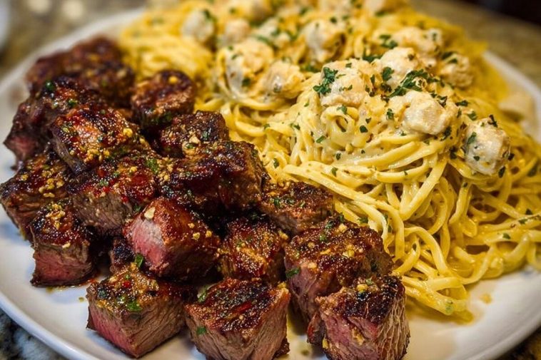 Garlic Butter Steak with Cheesy Linguine in Four-Cheese Sauce