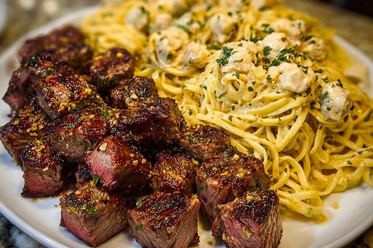 Garlic Butter Steak with Cheesy Linguine in Four-Cheese Sauce