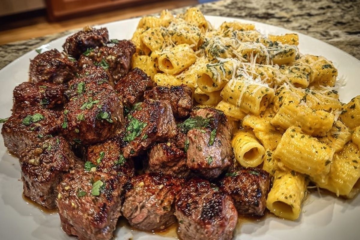 Garlic Butter Steak with Creamy Parmesan Rigatoni