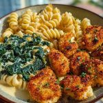 Garlic Parmesan Chicken Bites with Hot Cajun Alfredo & Crispy Spinach Twists