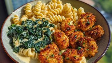 Garlic Parmesan Chicken Bites with Hot Cajun Alfredo & Crispy Spinach Twists