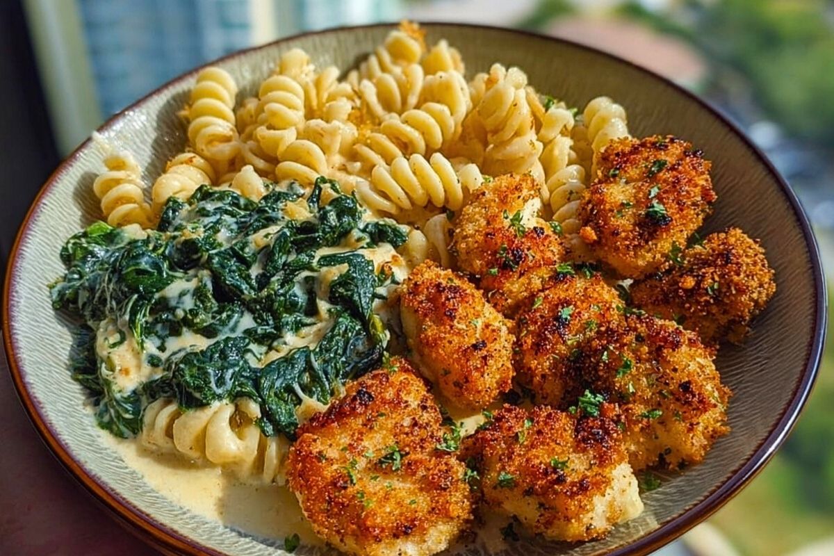 Garlic Parmesan Chicken Bites with Hot Cajun Alfredo & Crispy Spinach Twists
