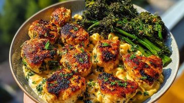 Garlic-Parmesan Chicken Bites with Sun-Dried Tomato Cajun Alfredo & Charred Broccolini