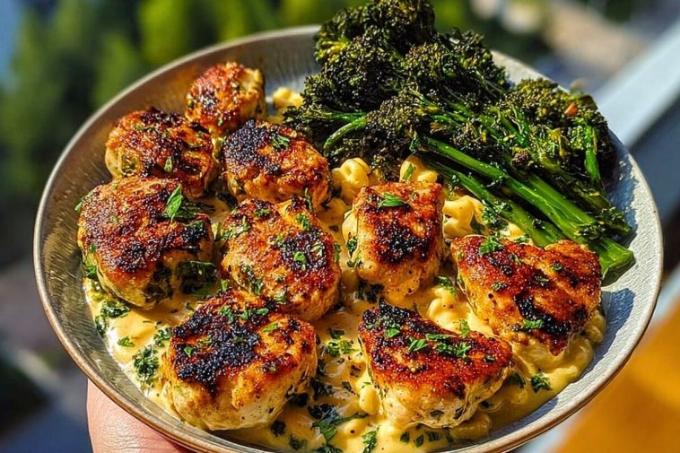 Garlic-Parmesan Chicken Bites with Sun-Dried Tomato Cajun Alfredo & Charred Broccolini