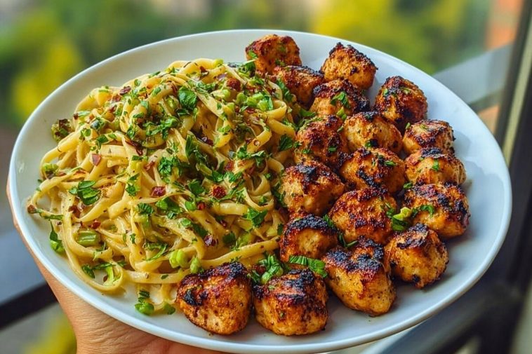 Maple Garlic Chicken Bites with Spicy Cajun Alfredo