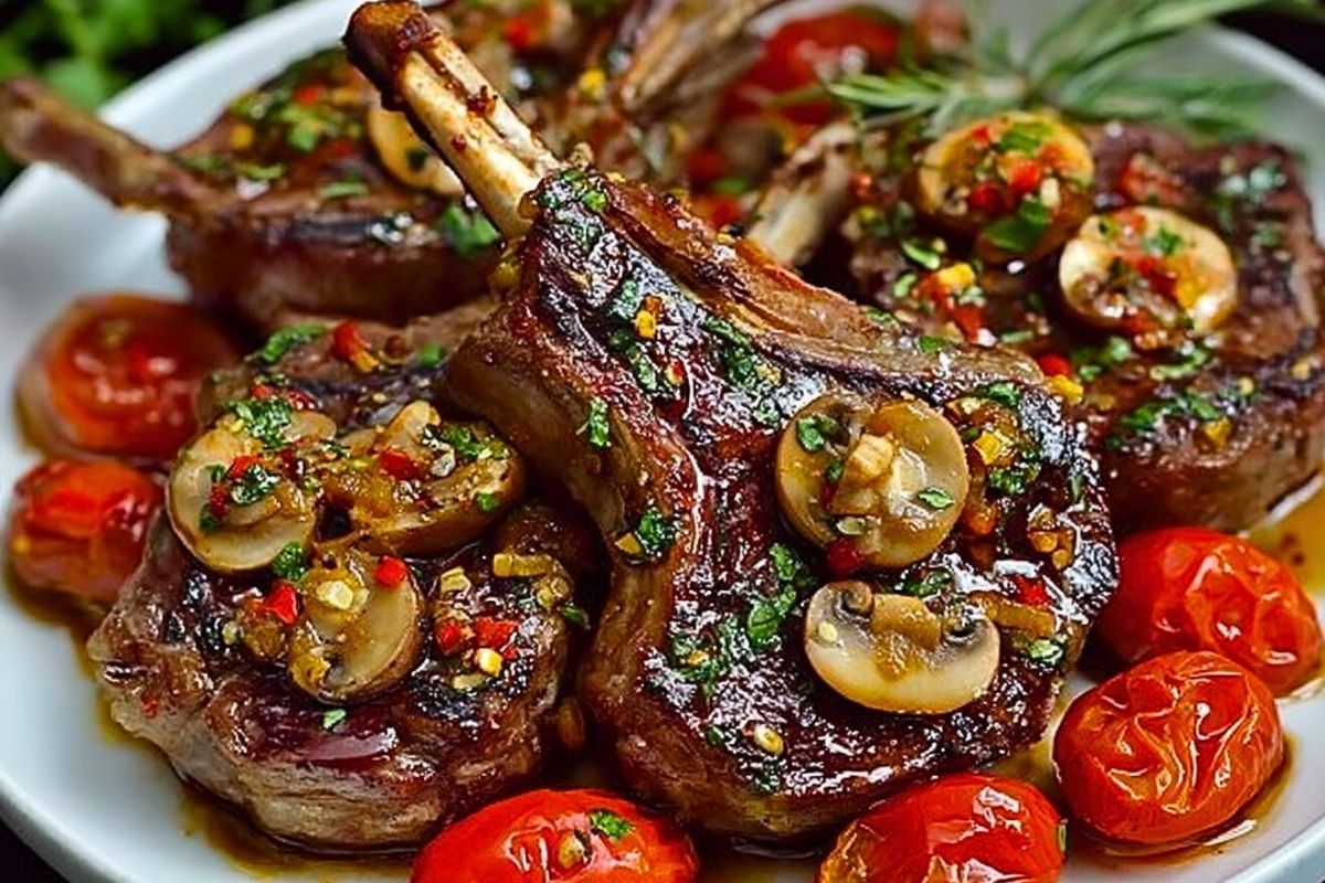 Marinated Greek Lamb Chops with Mushrooms and Tomatoes Recipe