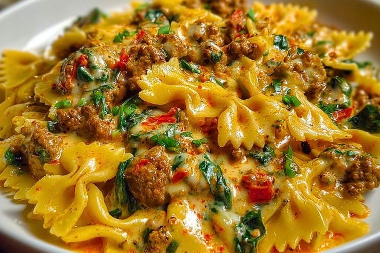 Spicy Cajun Bowtie Pasta with Beef, Sausage & Creamy Garlic Sauce-