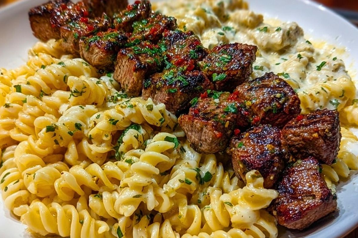 Steak Bites and Cheesy Rotini in Garlic Parmesan Sauce