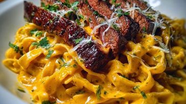 Velveeta Steak Fettuccine with Garlic Butter Cream Sauce
