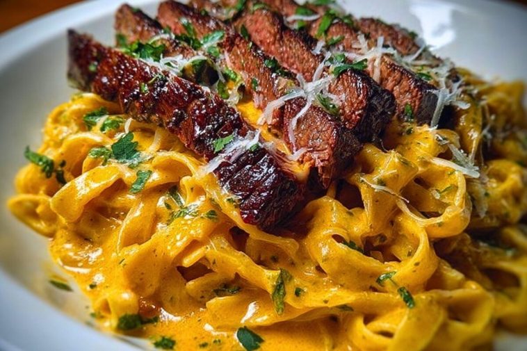 Velveeta Steak Fettuccine with Garlic Butter Cream Sauce