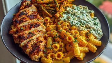 Zesty Greek Chicken Pasta with Spicy Harissa Feta Cream & Roasted Asparagus Crisps