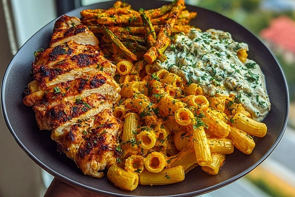 Zesty Greek Chicken Pasta with Spicy Harissa Feta Cream & Roasted Asparagus Crisps