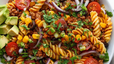 Seasoned Ground Beef Taco Pasta Salad Bowl