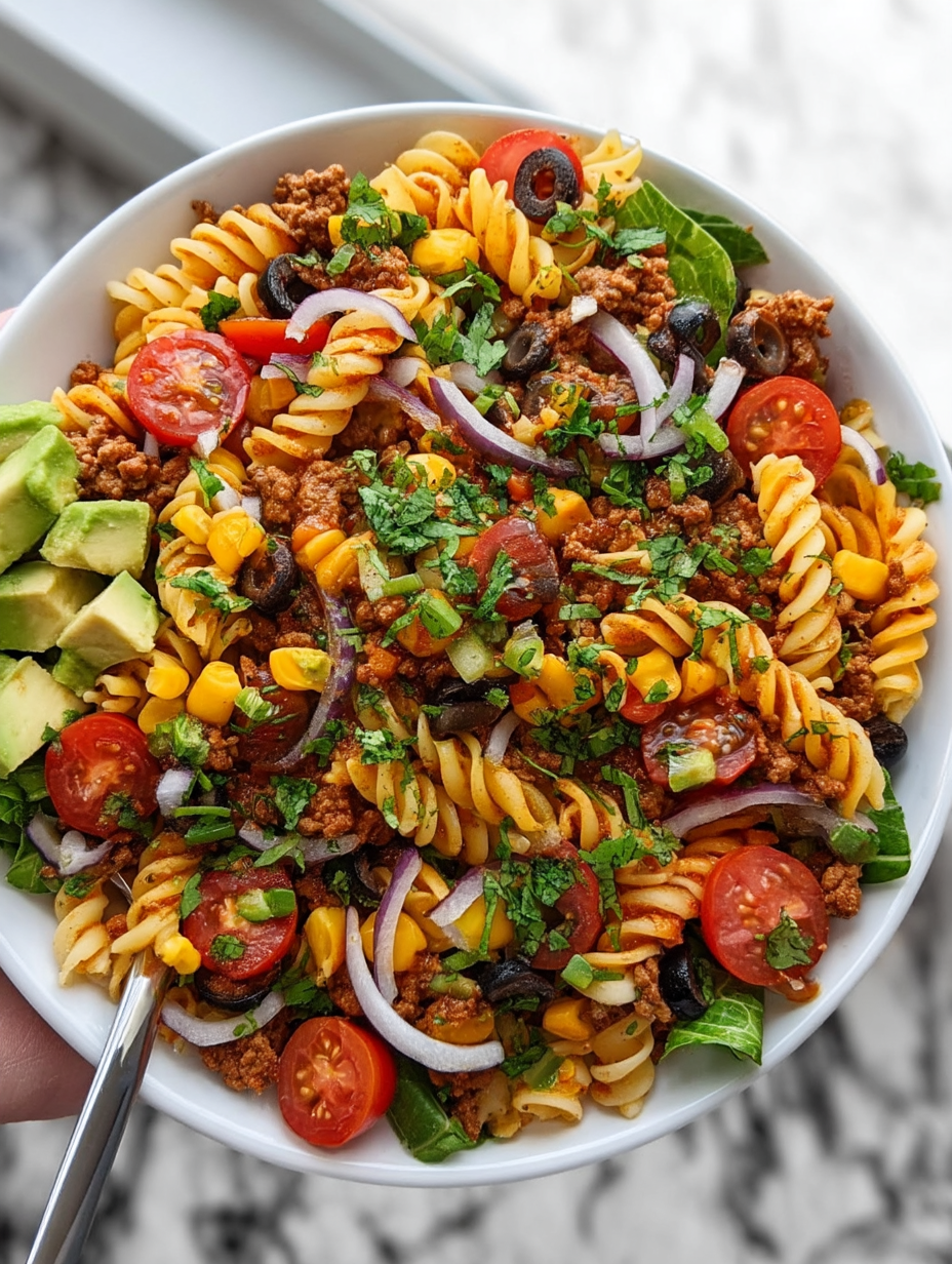 Seasoned Ground Beef Taco Pasta Salad Bowl