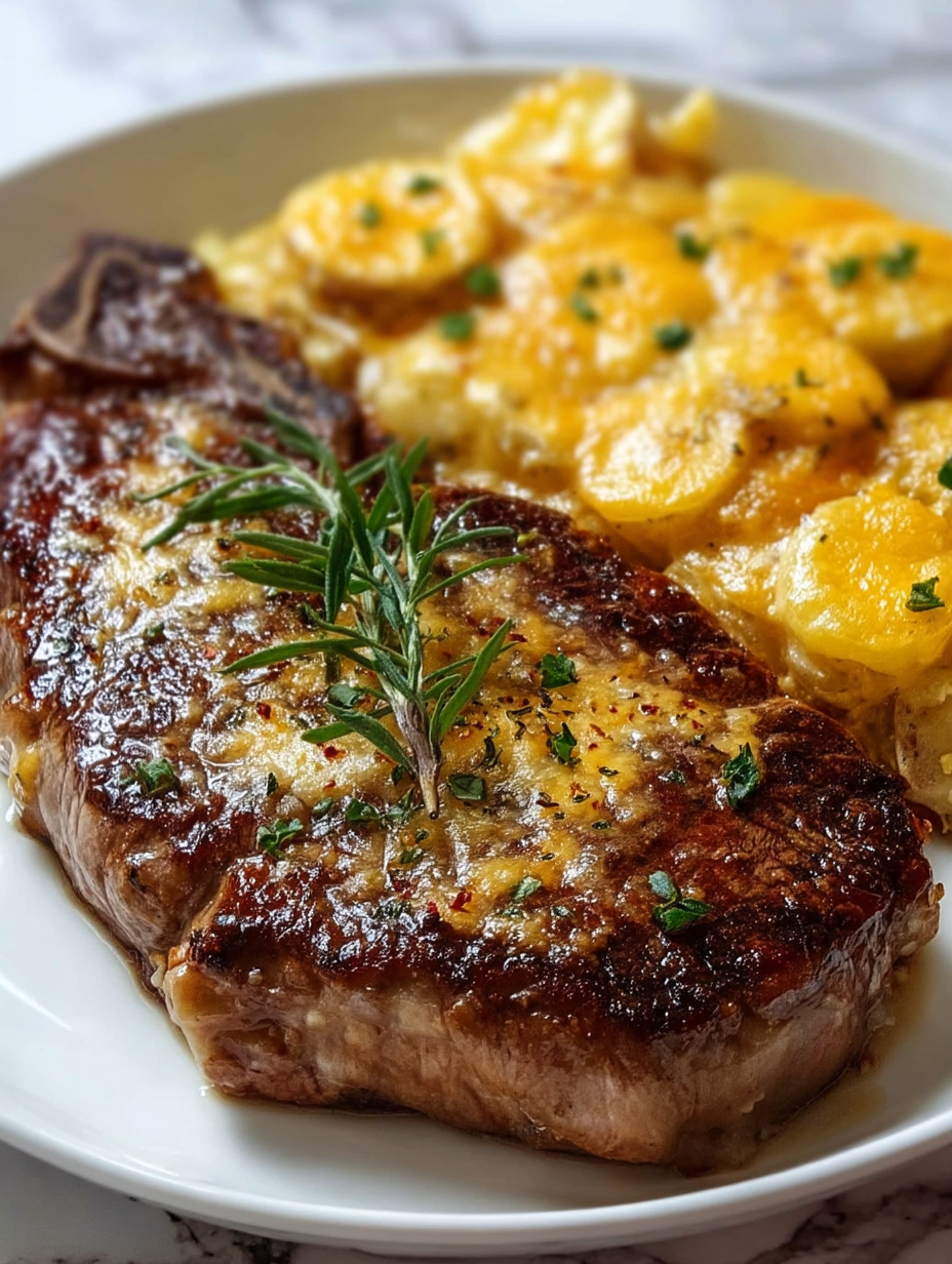 Ribeye Steak Served with Cheesy Scalloped Potatoes