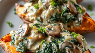 Creamy Mushroom and Spinach Stuffed Sweet Potatoes