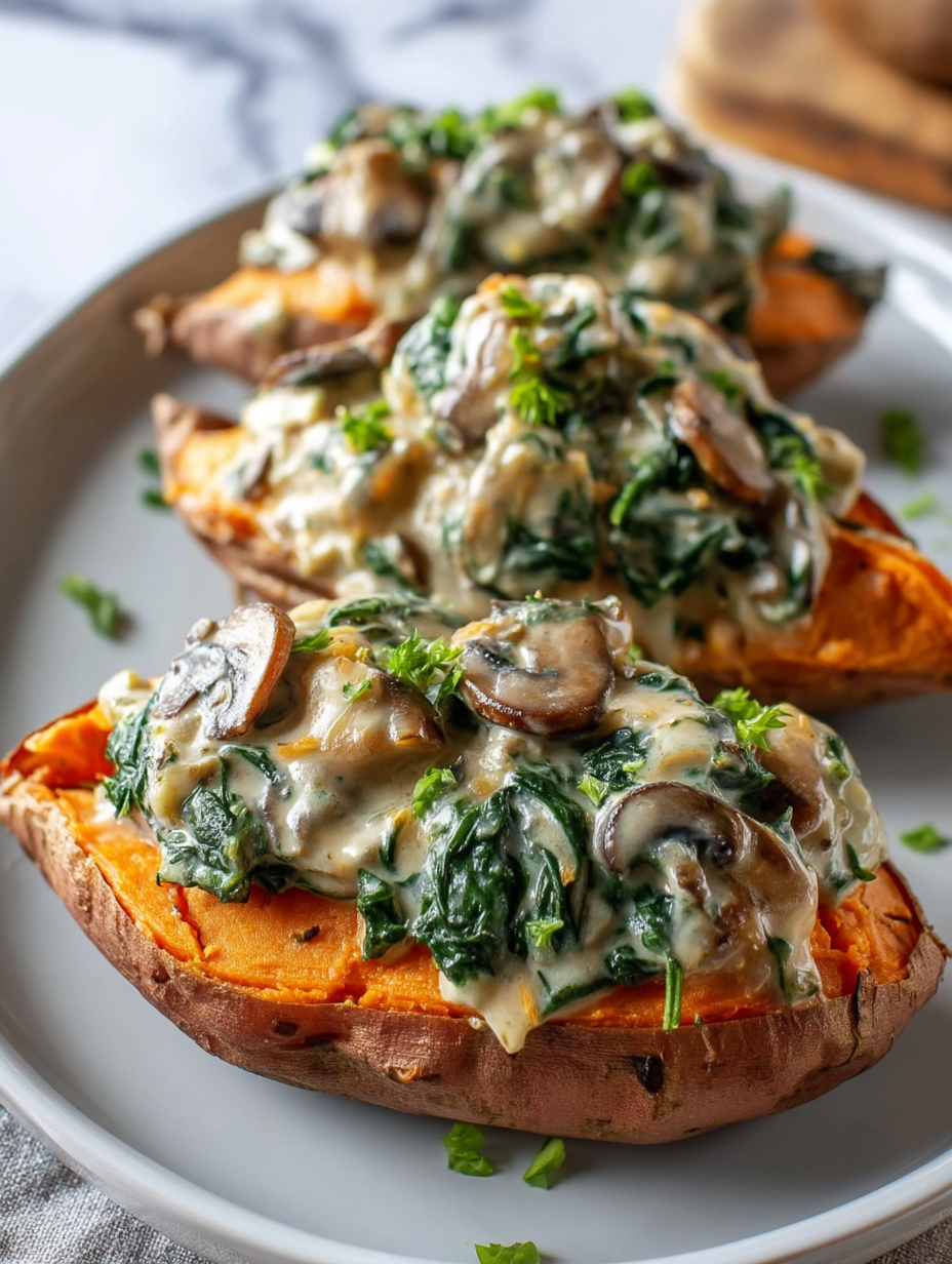 Creamy Mushroom and Spinach Stuffed Sweet Potatoes