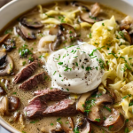 Easy Flank Steak and Mushroom Soup with Sour Cream and Cabbage Noodles