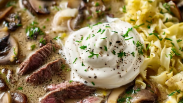 Easy Flank Steak and Mushroom Soup with Sour Cream and Cabbage Noodles