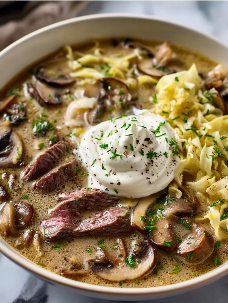 Easy Flank Steak and Mushroom Soup with Sour Cream and Cabbage Noodles