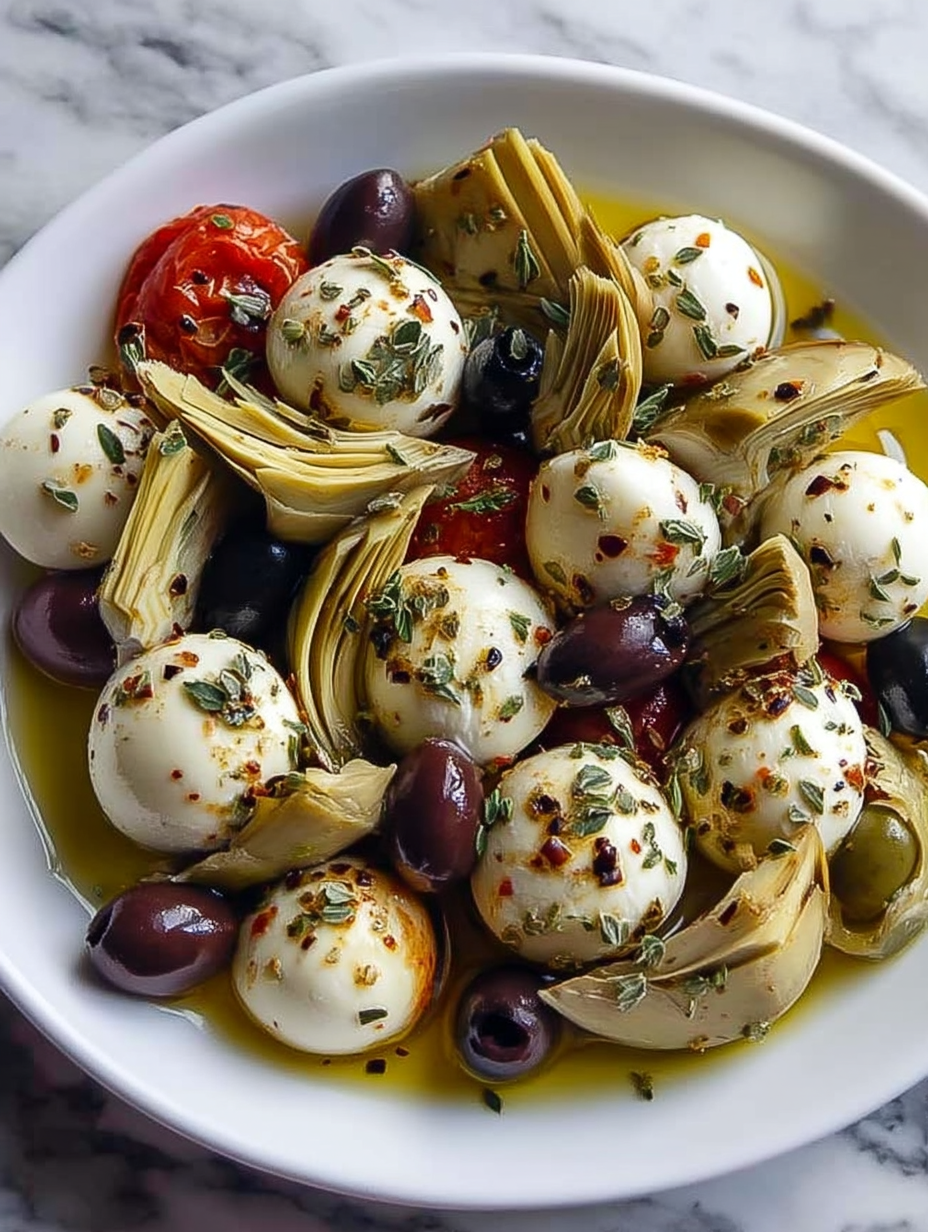 Marinated Mozzarella Balls, Artichokes, and Olives