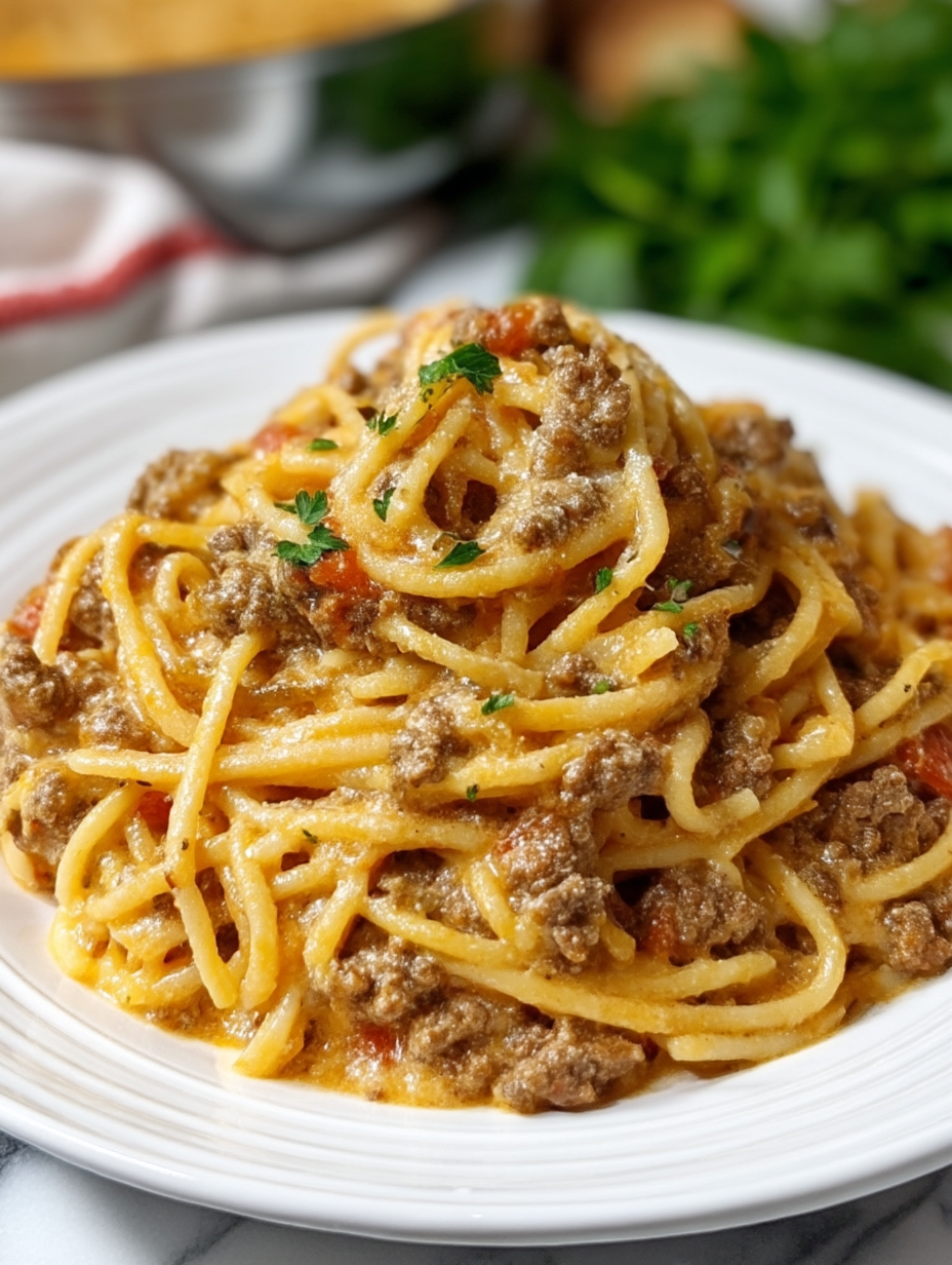 Creamy Italian Spaghetti & Ground Beef One Pot Meal