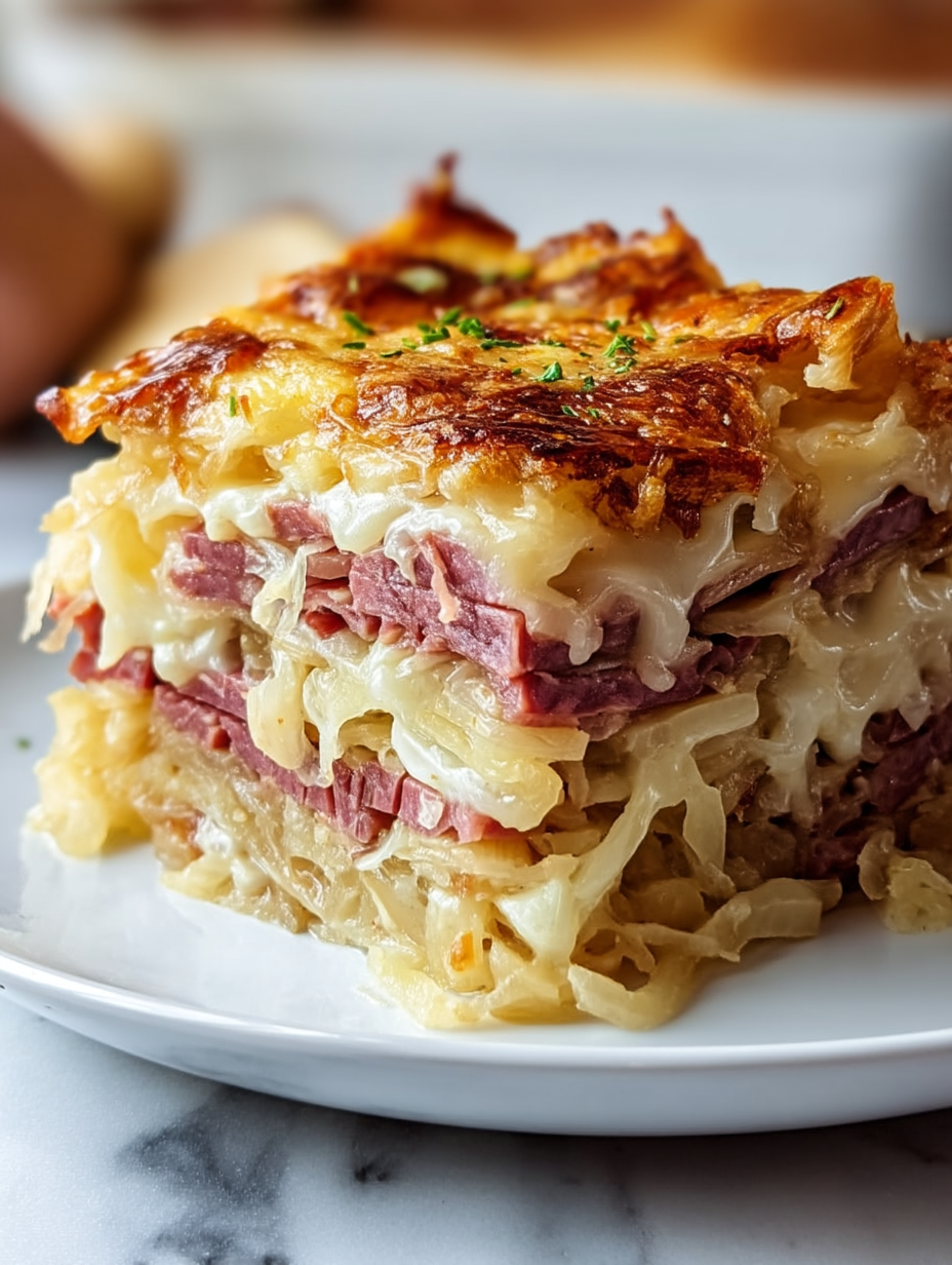 Classic Reuben Bake with Corned Beef, Sauerkraut & Swiss