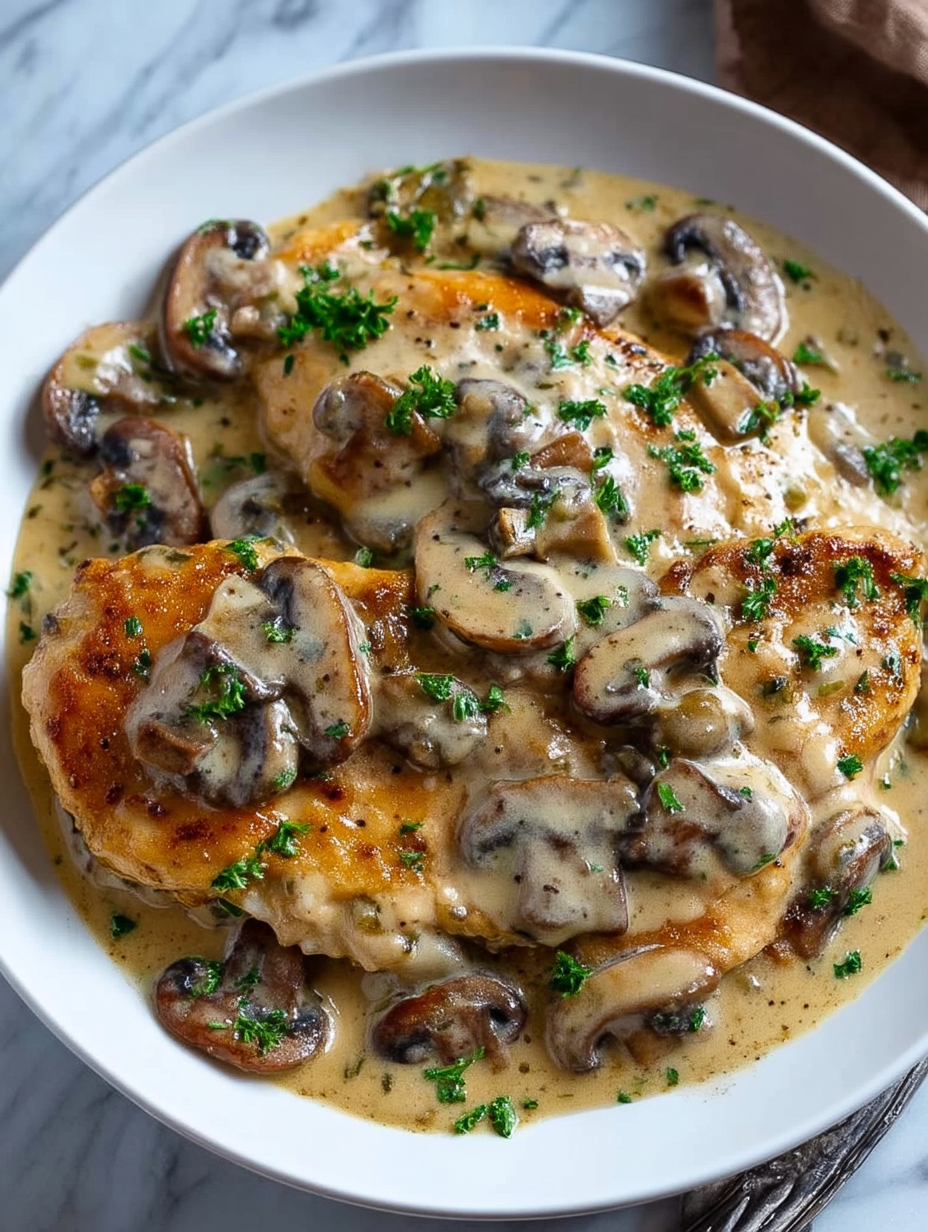 Chicken and Mushroom Skillet in a Creamy Asiago and Mustard Sauce