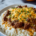 Garlic Butter Beef and Rice Skillet with Cheddar Parmesan Sauce