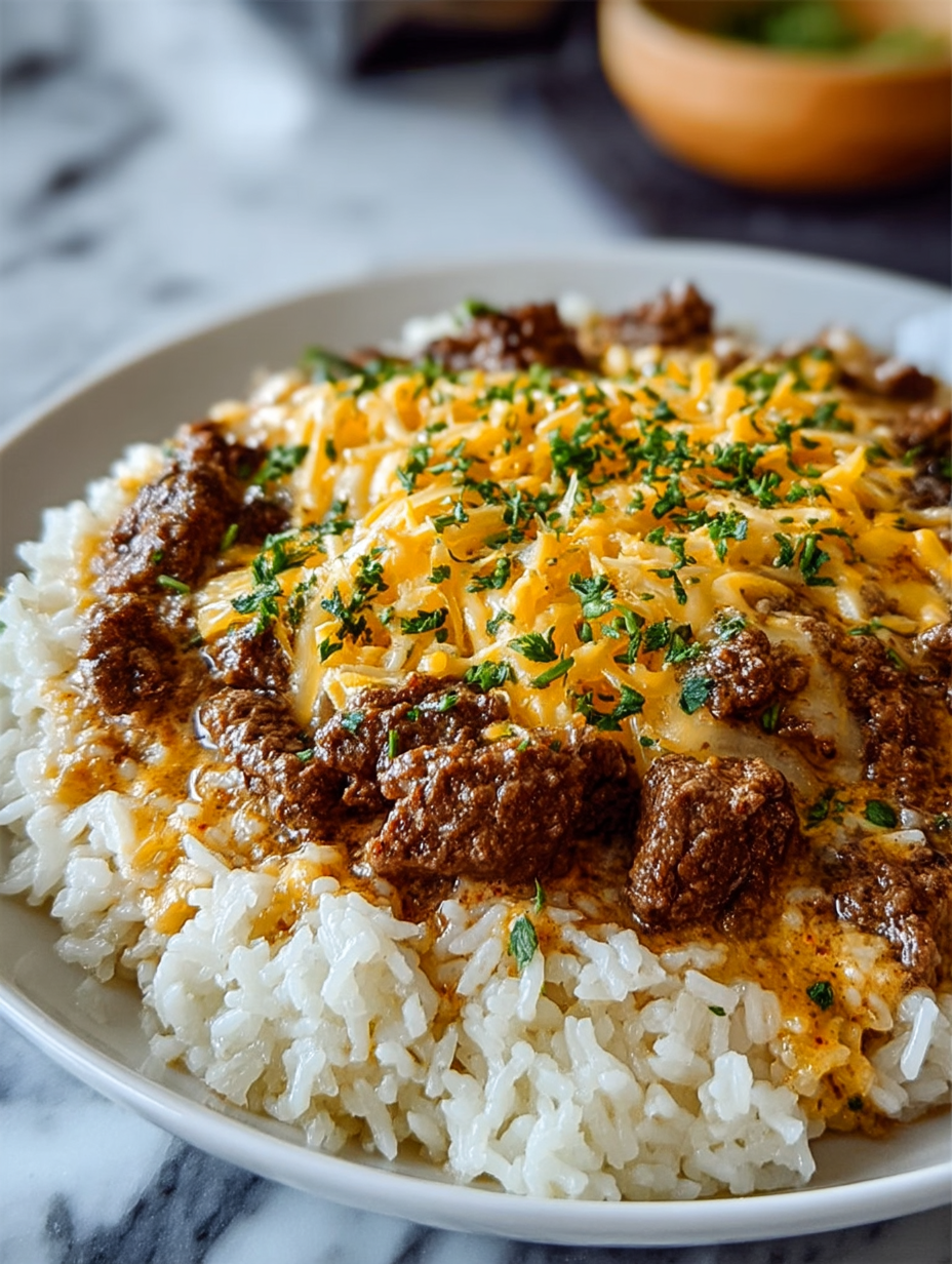 Garlic Butter Beef and Rice Skillet with Cheddar Parmesan Sauce