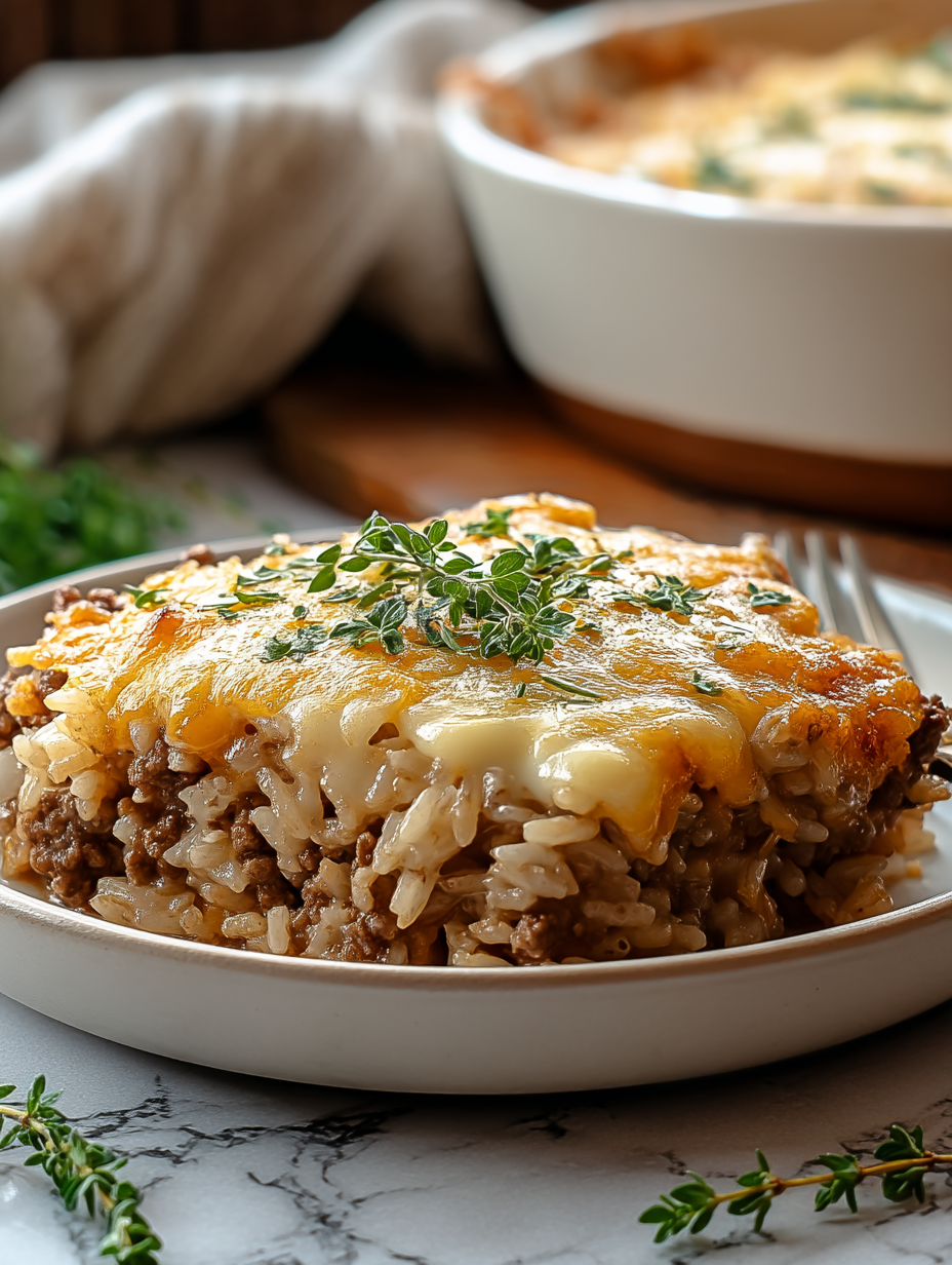 French Onion Ground Beef and Rice Casserole
