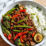 Spicy Ground Beef Stir-Fry Bowl with Garlic Veggies & Steamy Rice