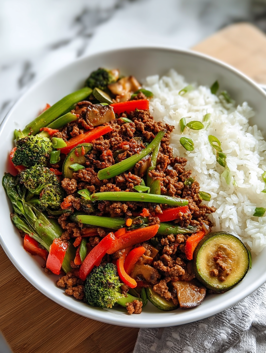 Spicy Ground Beef Stir-Fry Bowl with Garlic Veggies & Steamy Rice
